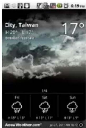 City, Taiwan H 20° L 17° Detailed Forecast 17° 1/4 Fri Sat Sun H 18° L 13° H 12° L 11° H 13° L 9° Accu Weather.com® BY: 27, 2011 AM 10:12