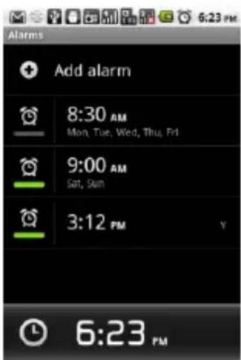 Alarms Add alarm 8:30 AM Mon, Tue, Wed, Thu, Fri 9:00 AM Sat, Sun 3:12 PM 6:23 PM