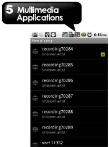 5 Multimedia Applications Now playing recording70284 Unknown artist recording70285 Unknown artist recording70286 Unknown artist recording70287 Unknown artist recording70288 Unknown artist recording70289 Unknown artist voc111332