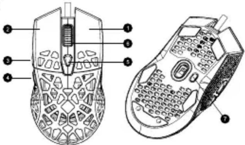 Technical diagram of a computer mouse with numbered parts for identification