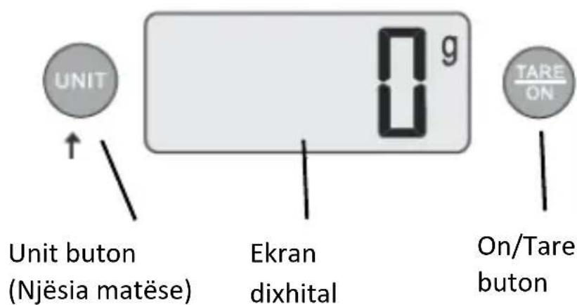 UNIT Unit buton (Njësia matëse) Ekran dixhital On/Tare buton TARE ON