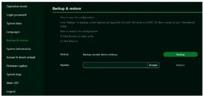 Operation mode Login password System time Languages Backup & restore System information Restart & Reset default Firmware update System logs Main LED Logout Backup & Backup current device settings Backup Restore: Browse Restore