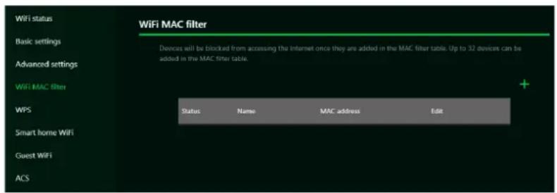 WiFi MAC filter Basic settings Advanced settings WiFi MAC filter WPS Smart home WiFi Guest WiFi ACS Devices will be blocked from accessing the internet once they are added in the MAC filter table. Up to 32 devices can be added in the MAC filter table. Status Name MAC address Edit