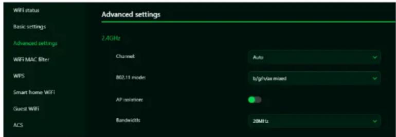 Advanced settings 2.4GHz Basic settings Advanced settings WiFi MAC filter WPS Smart home WiFi Guest WiFi ACS Channel: Auto 802.11 mode: b/g/h/ax mixed AP isolation Bandwidth: 20MHz