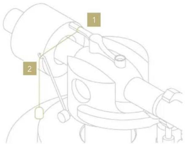 Technical diagram of a mechanical device with labeled parts 1 and 2