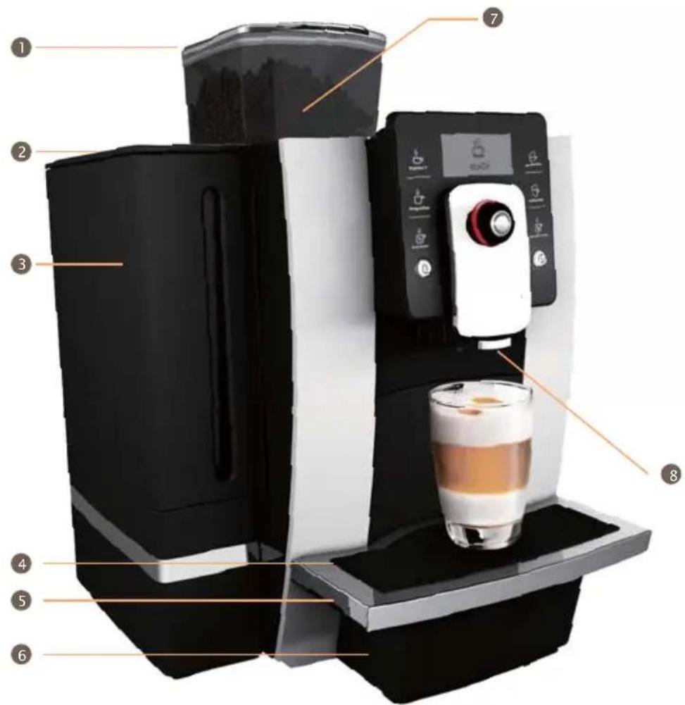 Labeled diagram of a coffee maker with numbered parts for identification and assembly reference.