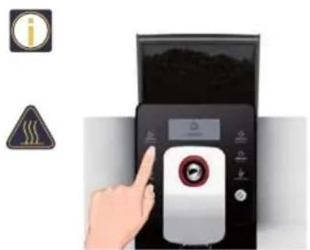 Diagram showing a hand interacting with a digital device displaying a circular button, accompanied by warning icons and a warning symbol.