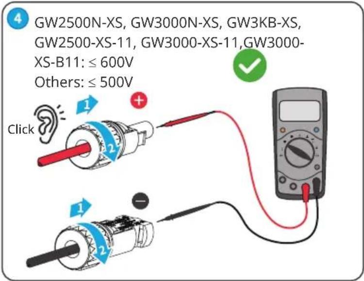 4 GW2500N-XS, GW3000N-XS, GW3KB-XS, GW2500-XS-11, GW3000-XS-11, GW3000- XS-B11: ≤ 600V Others: ≤ 500V Click 1 2 + - 1 2