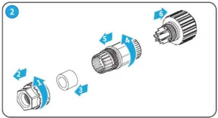 Diagram showing six stages of a mechanical component with numbered parts and directional arrows indicating motion or assembly.