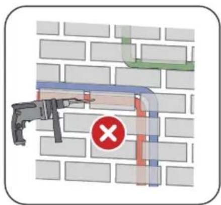 Diagram showing a security or hazard warning on a brick wall, with a hammer and cross symbol indicating no risk.