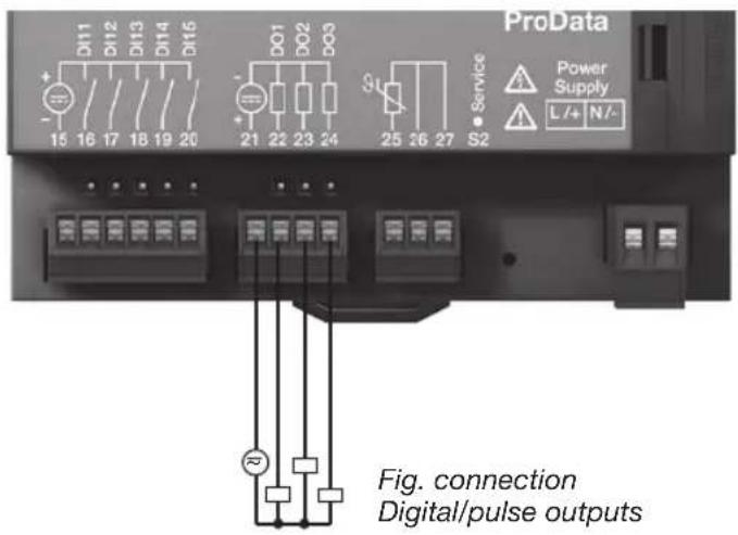 ProData D111 D112 D113 D114 D115 + - 15 16 17 18 19 20 DO1 DO2 DO3 + - 21 22 23 24 S1 25 26 27 • Service Power Supply L/+ N/- Fig. connection Digital/pulse outputs