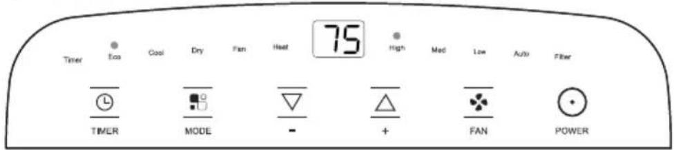 Timer Eco Cool Dry Fan Heat 75 High Med Low Auto Filter TIMER MODE - + FAN POWER