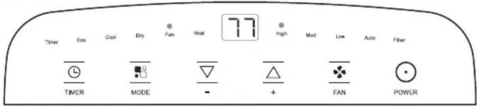 Timer Eco Cool Dry Fan Heat 77 High Mod Low Auto Filter TIMER MODE - + FAN POWER