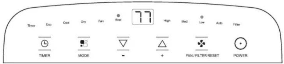 Timer Eco Cool Dry Fan Heat 77 High Mod Low Auto Filter TIMER MODE - + FAN FILTER RESET POWER