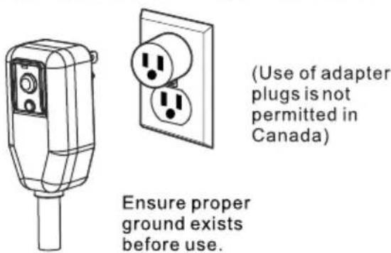 (Use of adapter plugs is not permitted in Canada) Ensure proper ground exists before use.
