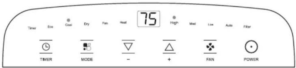 Timer Eco Cool Dry Fan Heat 75 High Med Low Auto Filter TIMER MODE - + FAN POWER