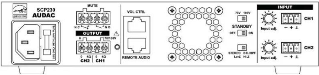 SCP230 AUDAC MUTE N.C. N.O. OUTPUT 70V/100V CH2 CH1 VOL CTRL REMOTE AUDIO 70V 100V STANDBY OFF ON STEREO BTL/HPF LoZ Hi-Z INPUT CH1 Input adj. - + ⊥ CH2 Input adj. - + ⊥
