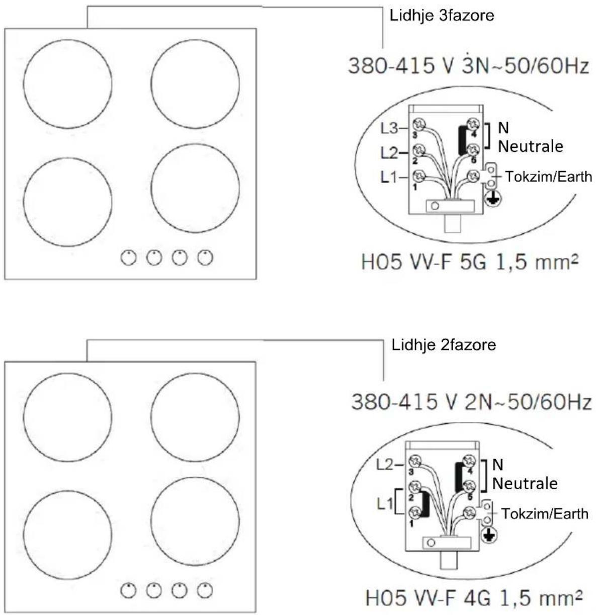 Lidhje 3fazore 380-415 V 3N~50/60Hz L3- 3 4 N Neutrale L2- 2 6 L1- 1 Tokzim/Earth H05 VV-F 5G 1,5 mm² Lidhje 2fazore 380-415 V 2N~50/60Hz L2- 3 4 N Neutrale L1- 2 5 Tokzim/Earth H05 VV-F 4G 1,5 mm²