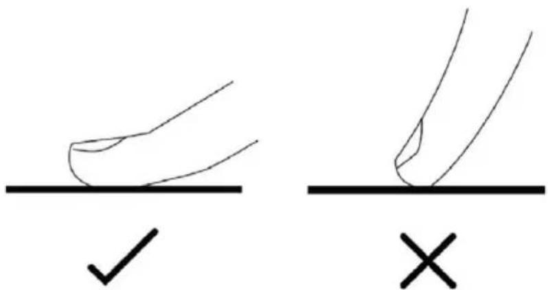 Diagram showing two hand positions on a line with checkmark and cross symbols, likely illustrating correct and incorrect movement.