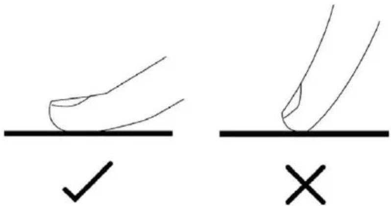 Diagram showing two hand-drawn foot positions on a line, one marked with a checkmark and the other with an 'X' symbol.