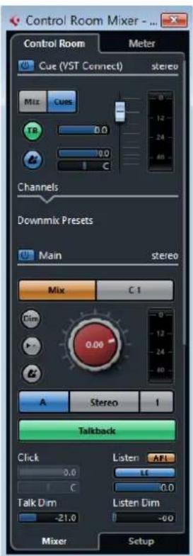 Control Room Mixer - ... Control Room Meter Cue (VST Connect) stereo Mix Cues TB 0.0 0.0 C Channels Downmix Presets Main stereo Mix C1 Dim 0.00 A Stereo 1 Talkback Click 0.0 C Listen AFL LE 0.0 Talk Dim -21.0 Listen Dim -60 Mixer Setup