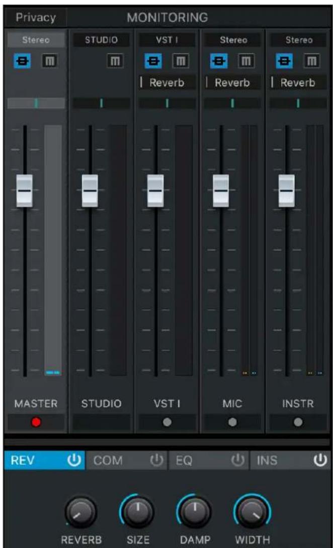 Privacy MONITORING Stereo STUDIO VST I Stereo Stereo Reverb Reverb Reverb MASTER STUDIO VST I MIC INSTR REV COM EQ INS REVERB SIZE DAMP WIDTH