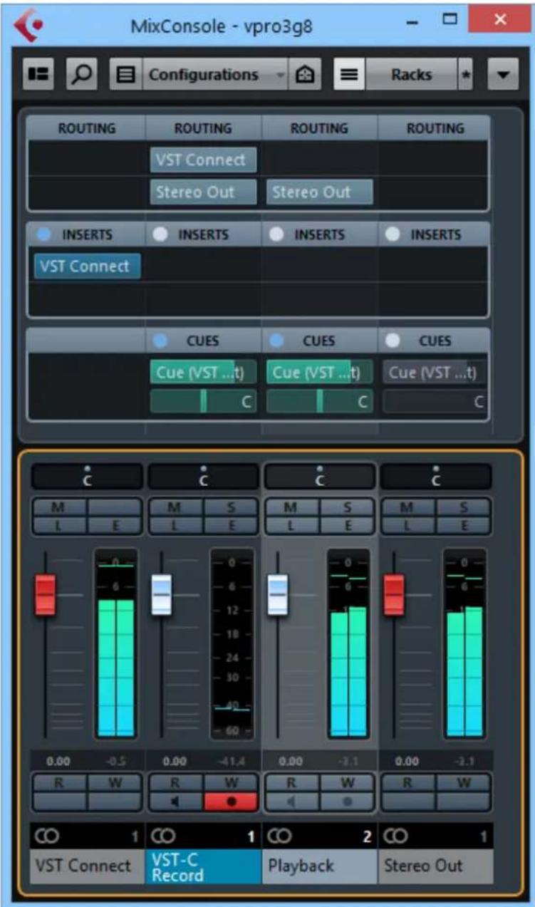 MixConsole - vpro3g8 Configurations Racks ROUTING ROUTING ROUTING ROUTING VST Connect Stereo Out Stereo Out INSERTS INSERTS INSERTS INSERTS VST Connect CUES CUES CUES Cue (VST ...t) Cue (VST ...t) Cue (VST ...t) C M L E M L E M L E M L E 0.00 -0.5 0.00 -41.4 0.00 -2.1 0.00 -2.1 R W R W R W R W CO 1 CO 1 CO 2 CO 1 VST Connect VST-C Record Playback Stereo Out