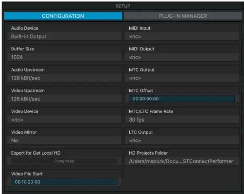 SETUP CONFIGURATION PLUG-IN MANAGER Audio Device MIDI Input Built-in Output Buffer Size MIDI Output 1024 Audio Upstream MTC Output 128 kBit/sec Video Upstream MTC Offset 128 kBit/sec 00:00:00:00 Video Device MTC/LTC Frame Rate 30 fps Video Mirror LTC Output No Export for Get Local HD HD Projects Folder Compress /Users/mspork/Docu...STConnectPerformer Video File Start 00:10:20:00