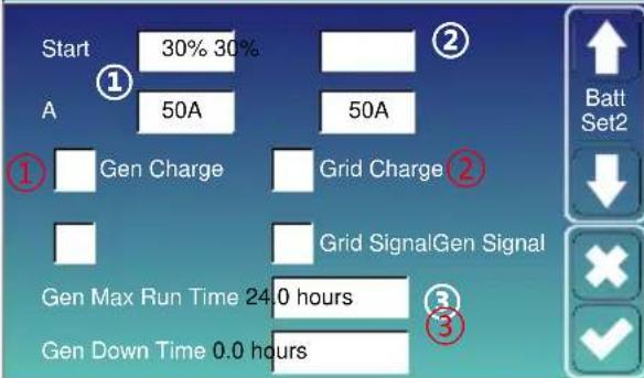 Start 30% 30% A 50A 50A ① Gen Charge Grid Charge ② Grid SignalGen Signal Gen Max Run Time 24.0 hours Gen Down Time 0.0 hours