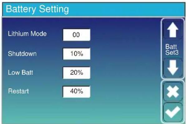 Battery Setting Lithium Mode 00 Shutdown 10% Low Batt 20% Restart 40% Batt Set3