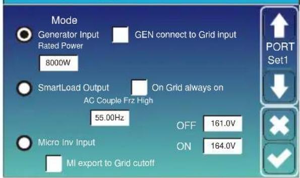 Mode Generator Input Rated Power 8000W GEN connect to Grid input SmartLoad Output AC Couple Frz High 55.00Hz On Grid always on OFF 161.0V ON 164.0V Micro Inv Input MI export to Grid cutoff PORT Set1