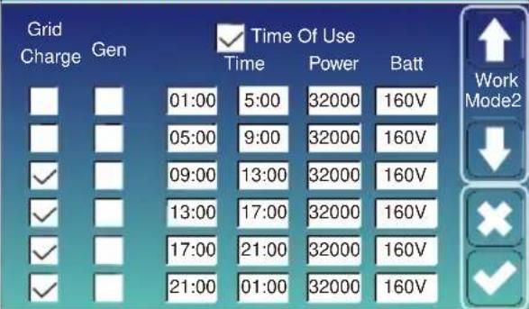 Grid Charge Gen Time Of Use Time Power Batt 01:00 5:00 32000 160V 05:00 9:00 32000 160V 09:00 13:00 32000 160V 13:00 17:00 32000 160V 17:00 21:00 32000 160V 21:00 01:00 32000 160V