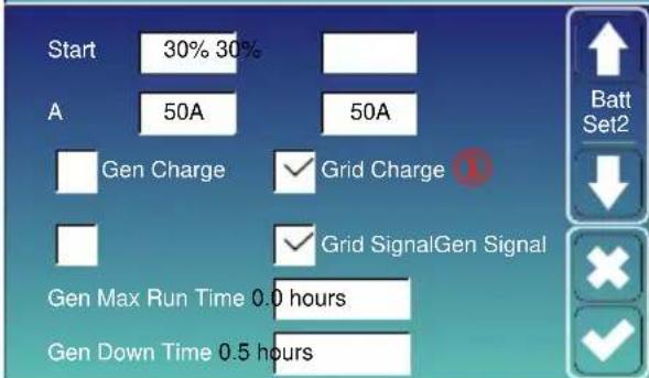 Start 30% 30% A 50A 50A Gen Charge Grid Charge Gen Max Run Time 0.0 hours Gen Down Time 0.5 hours