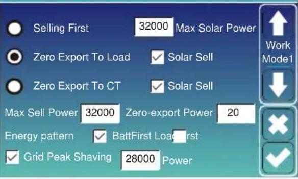 Selling First 32000 Max Solar Power Zero Export To Load ✓ Solar Sell Zero Export To CT ✓ Solar Sell Max Sell Power 32000 Zero-export Power 20 Energy pattern ✓ BattFirst Load First ✓ Grid Peak Shaving 28000 Power