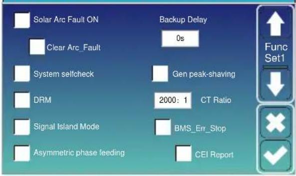 Solar Arc Fault ON Clear Arc_Fault System selfcheck DRM Signal Island Mode Asymmetric phase feeding Backup Delay 0s Gen peak-shaving 2000: 1 CT Ratio BMS_Err_Stop CEI Report Func Set1