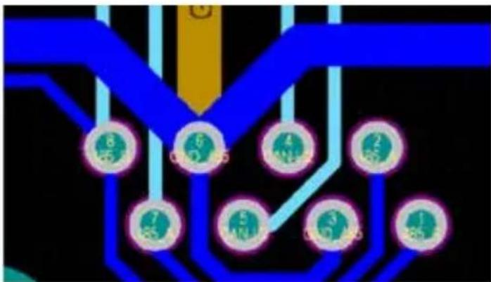 Circuit board diagram with numbered circular components and colored wires, likely representing a logic or signal path.