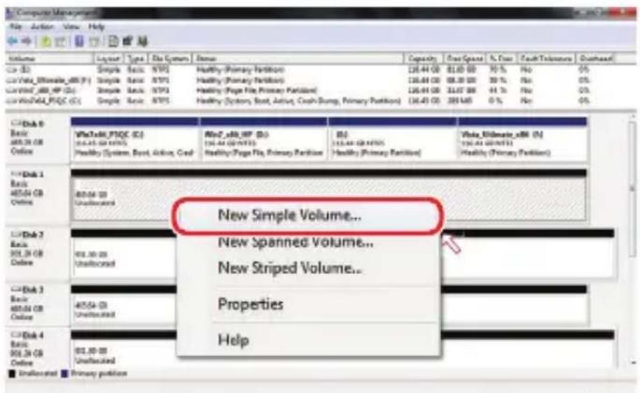 Computer Management File Action View Help Volume Layout Type Date System Status Capacity Free Space % Time Fault Protection Quickstart C:\Users\Basic\ABS/DB Online New Simple Volume... New Spanned Volume... New Striped Volume... Properties Help