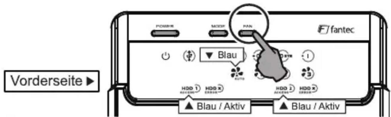 Vorderseite ▶ POWER MODE PAN fantec Blau HDD 1 HDD x HDD 2 HDD x Blau / Aktiv Blau / Aktiv