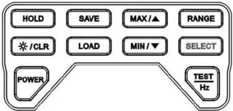 HOLD SAVE MAX/▲ RANGE /CLR LOAD MIN/▼ SELECT POWER TEST/Hz