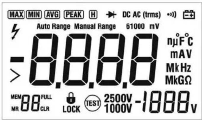 MAX MIN AVG PEAK H → DC AC (trms) •••• Auto Range Manual Range 61000 mV -8.8.8.8 nµ°F°C mAV Mk Hz MkGΩ MEM 88 FULL LOCK TEST 2500V -1888V MR CLR 1000V