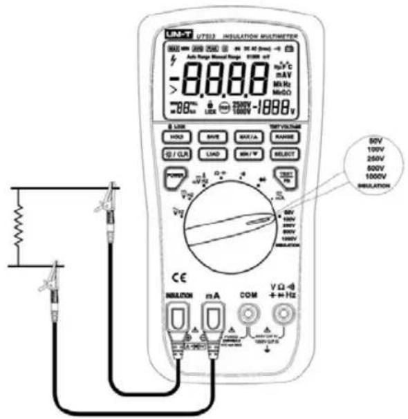 UTS32 INSULATION MULTIMETER Auto Range Rated Range 0100V mV -8.8.88 mV°C mA V MHz MeGO 100V -1888V S LUX HCK3 BWE BAT/A RANGE CJ / CLR LOAD BAT / W SELECT POWER + - O- + - 50V 100V 250V 500V 1000V INSULATION CE INSULATION mA COM V Ω + Hz