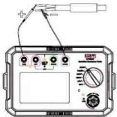 Diagram of an analog multimeter with labeled ports and measurement scales, showing connections and wiring.