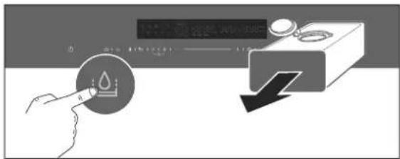 Diagram illustrating a hand interacting with a digital display and a mechanical device, showing a droplet icon and downward arrow.