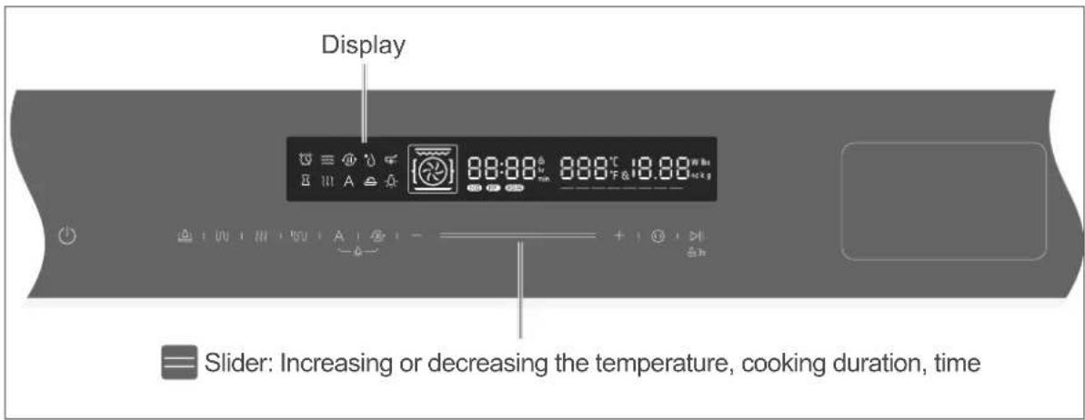 Display 88:88 °C 888°F & 18.88 °C Slider: Increasing or decreasing the temperature, cooking duration, time