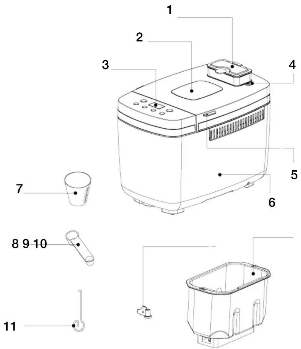 Labeled diagram of a coffee maker with numbered parts for identification and assembly reference.