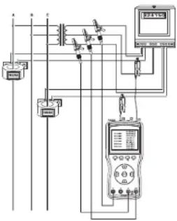 Electrical circuit diagram with labeled components including power supply, switches, meters, and meters connected to a meter.