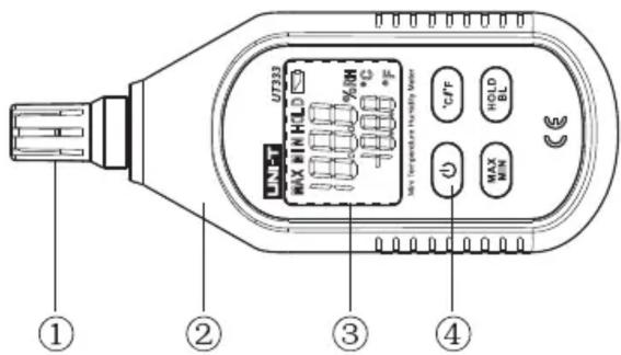 UT233 MAX BIN HLD %RH °C F Max Temperature Humidity Meter °C/F HOLD BL MAX MIN ① ② ③ ④