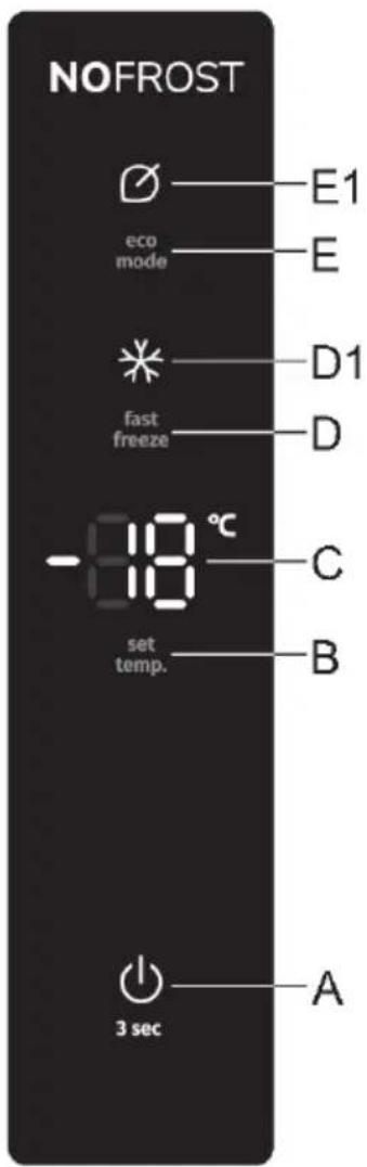 NOFROST E1 eco mode E D1 fast freeze D -10 °C C set temp. B 3 sec A