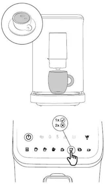 Diagram showing a coffee maker with a cup, highlighting the tray and control buttons, alongside a close-up of its image.
