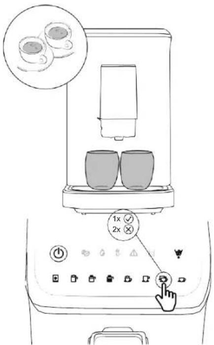 Diagram of a food blender with labeled buttons and a hand cursor pointing to the button, showing two cups above the tray.